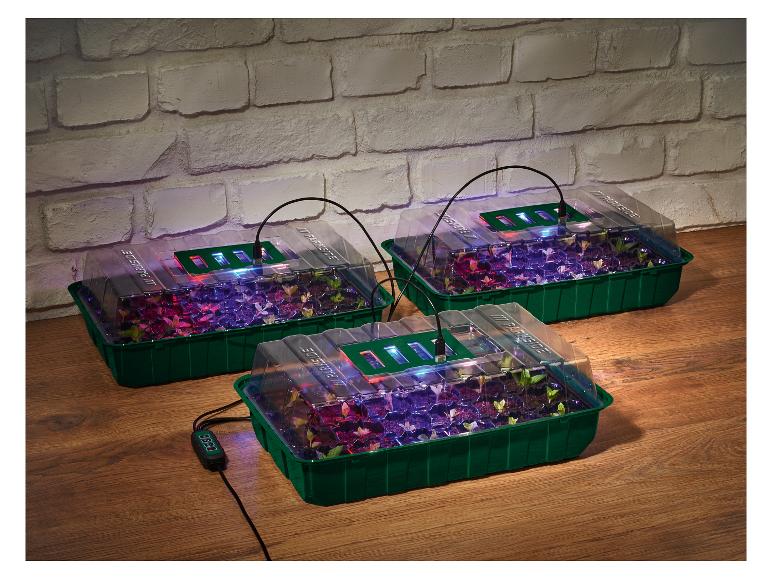 Tři mini skleníky PARKISDE s LED pěstebními světly a regulátorem teploty.