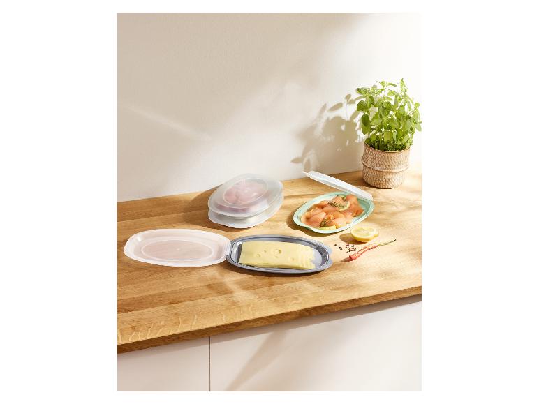 Plastové nádoby se sýrem, lososem a masem, s pokojovou rostlinou v pozadí.