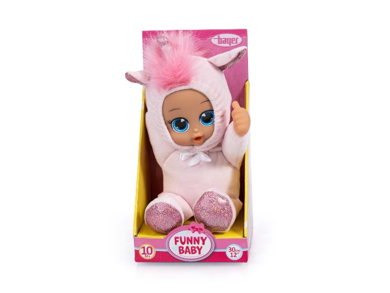Panenka jednorožec Bayer Funny Baby v růžovo-žluté krabici, vysoká 30 cm, pro věk 10 měsíců+