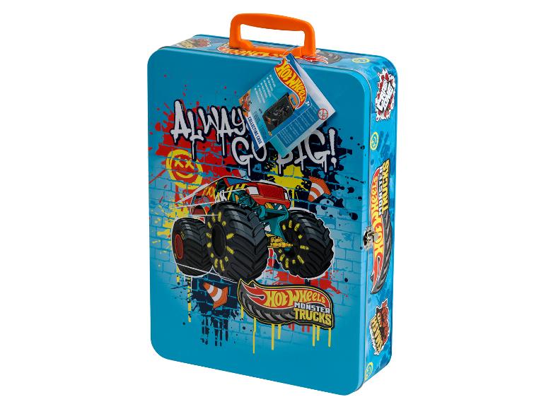 Modré kovové pouzdro Hot Wheels Monster Trucks s oranžovou rukojetí a grafikou monster trucku.
