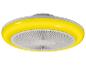 Žluto-bílý stropní ventilátor s integrovaným světlem, pohled zespodu.