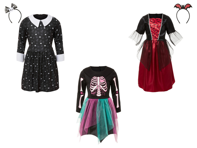 Tři halloweenské kostýmy pro dívky: kostým kostry, upíra a čarodějnice.