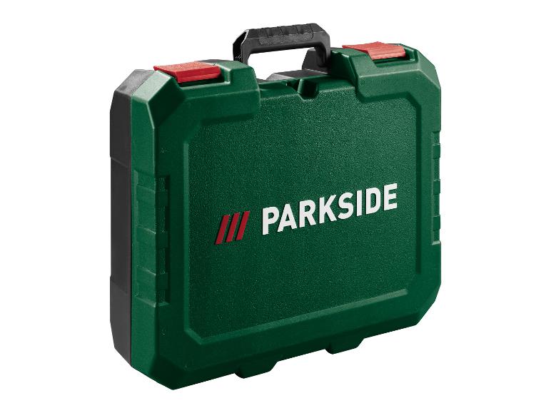Zelený kufr na nářadí PARKSIDE s černou rukojetí a červenými sponami.