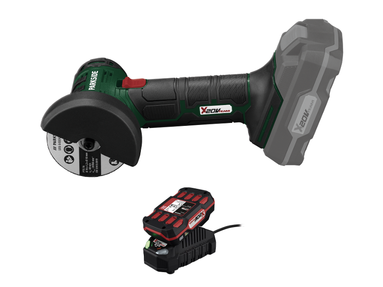 Aku úhlová bruska Parkside X20V Team s baterií a nabíječkou.