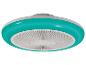Kulatý stropní ventilátor s integrovaným světlem, s tyrkysovým vnějším prstencem a bílou mřížkou.