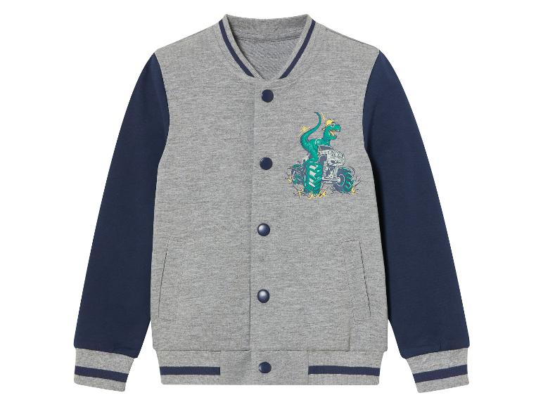 Šedá bomber bunda s modrými rukávy a potiskem dinosaura na monster trucku.