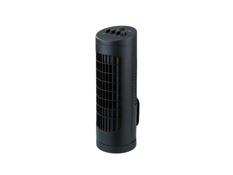 Černý věžový ventilátor s ovládacími tlačítky nahoře