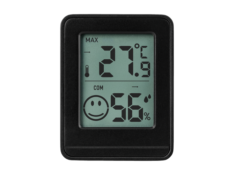 Černý digitální termo-vlhkoměr s displejem zobrazujícím 27.9°C a 56% vlhkosti.