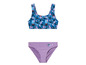 Modré bikiny s potiskem Stitch a fialové kalhotky.