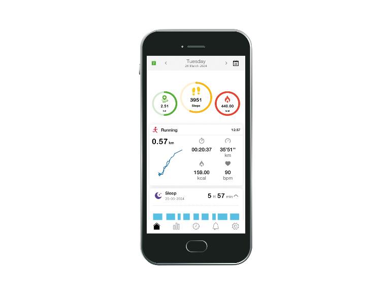 Chytrý telefon s fitness aplikací, která sleduje kroky, kalorie a spánek.