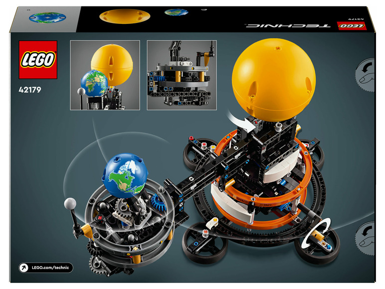 LEGO Technic model fungujícího planetária se Sluncem, Zemí a Měsícem.