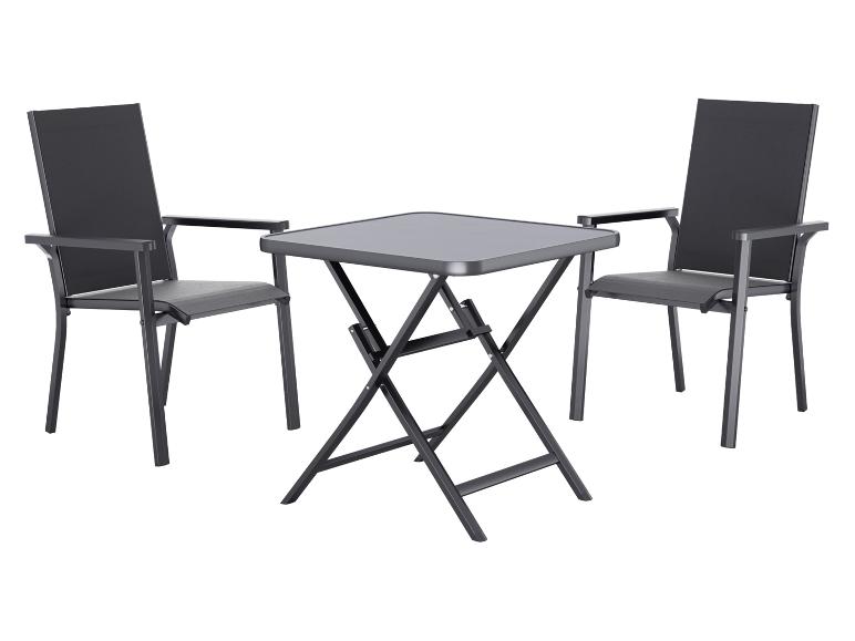 Venkovní bistro set se dvěma tmavě šedými židlemi a odpovídajícím čtvercovým skládacím stolem.