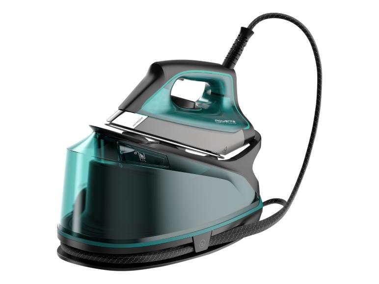 Napařovací žehlička Rowenta Compact Steam Pro v černé a tyrkysové barvě s 1,1l nádržkou na vodu.
