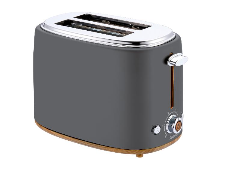 Tmavě šedý toustovač SilverCrest s dřevěnými detaily.