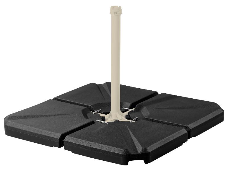 Černý podstavec na slunečník se čtyřmi plnitelnými segmenty a béžovým držákem tyče.