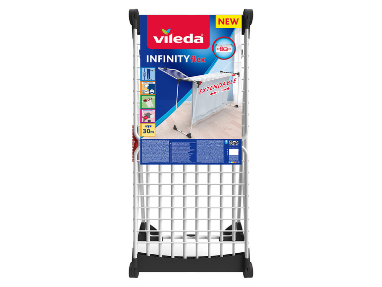 Sušák Vileda Infinityflex, roztažitelný, s délkou sušení 30 metrů.