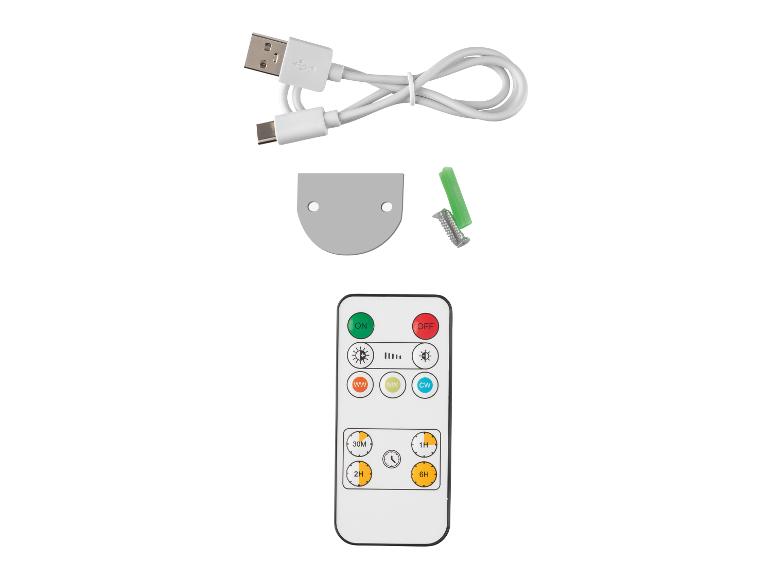 Dálkové ovládání, USB kabel a montážní materiál pro osvětlení.
