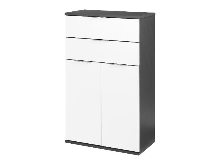 Moderní vysoká komoda se dvěma dvířky a třemi zásuvkami.