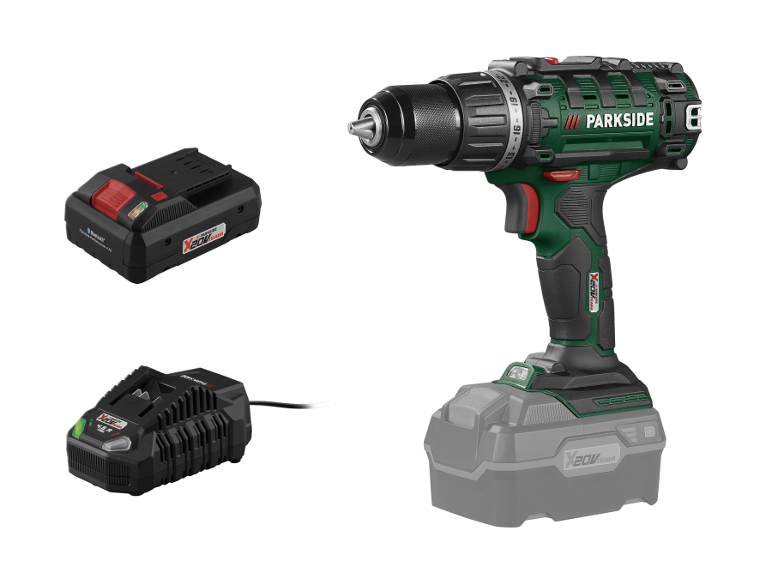 Aku vrtačka Parkside X20V Team se dvěma bateriemi a nabíječkou.