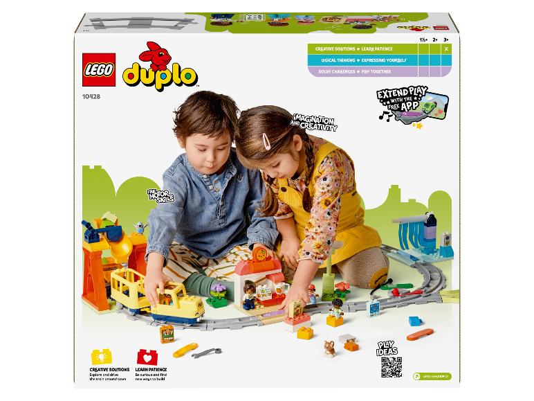 Sada LEGO Duplo s vláčkem a dvěma dětmi, které si hrají.