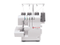 Overlock Singer 14SH654: bílý overlockový šicí stroj se šedými cívkami nití.