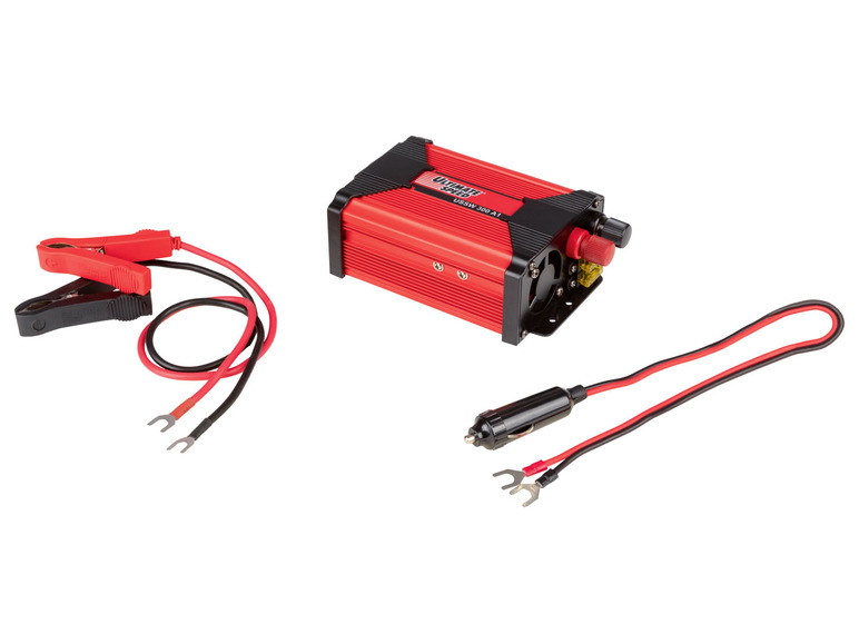 Červený měnič Ultimate Speed ​​300 Watt s kabelem a svorkami.