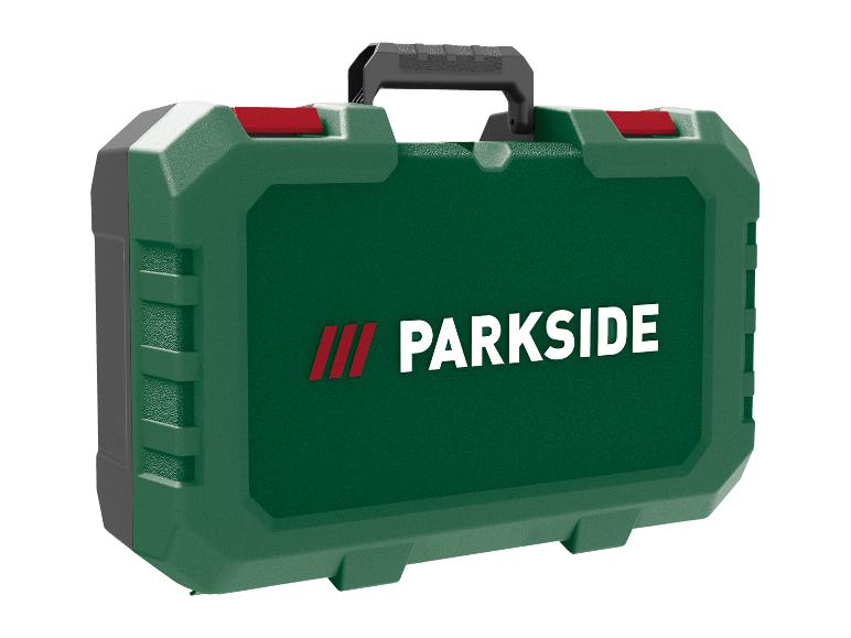 Zelený kufr na nářadí PARKSIDE s červenými sponami a černou rukojetí