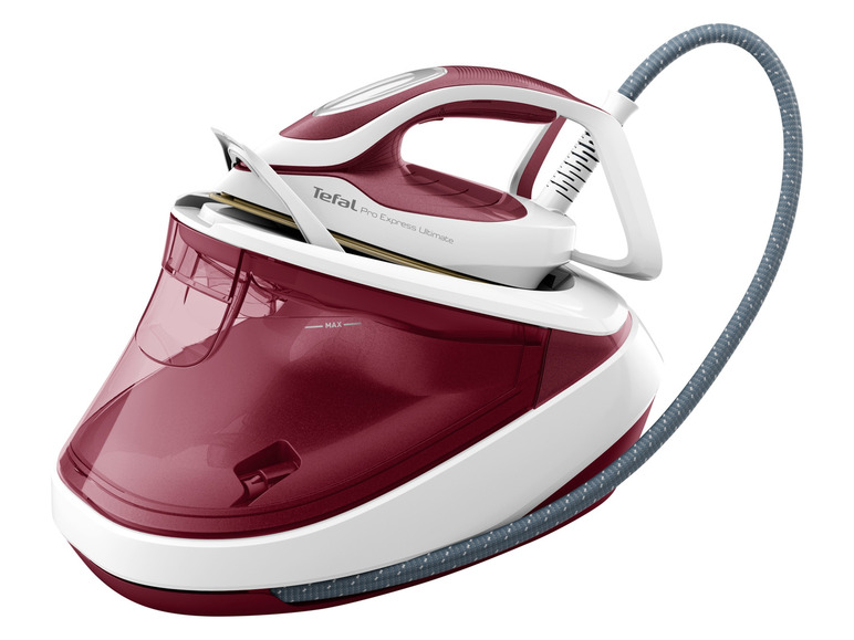 Parní generátor na žehlení Tefal Pro Express Ultimate v červené a bílé barvě.
