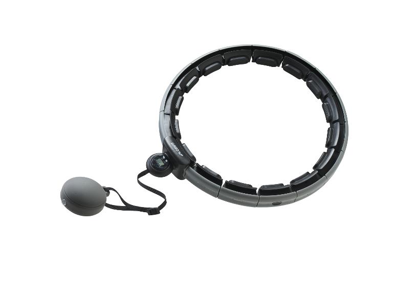 Šedý hula hoop s digitálním počítadlem a připojeným kulovým závažím.
