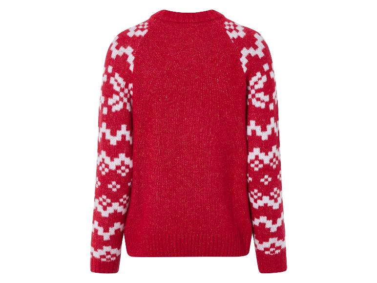 Červený pletený svetr s bílými vzory na rukávech.