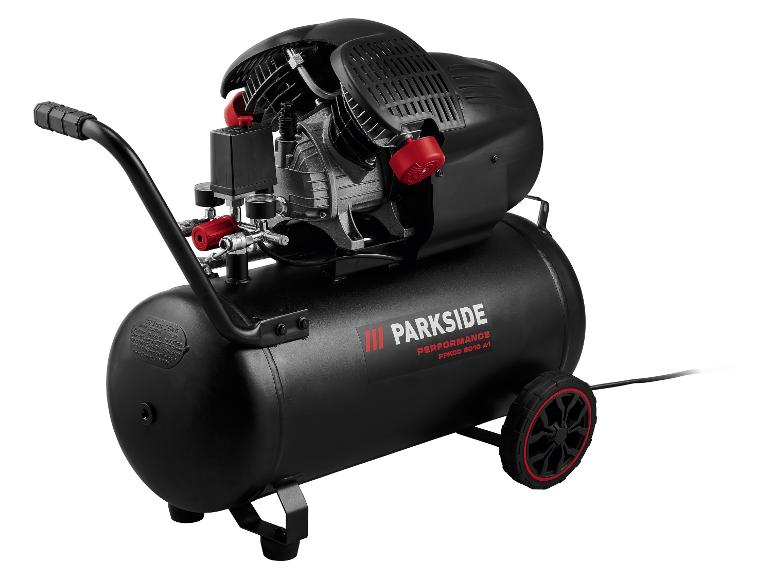 Černý vzduchový kompresor PARKSIDE PERFORMANCE PPKOD 5010 A1 s kolečky a červenými detaily.