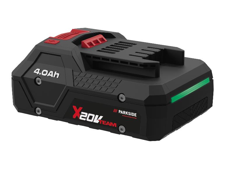 Baterie Parkside X 20V Team 4.0Ah s červenými a zelenými detaily.