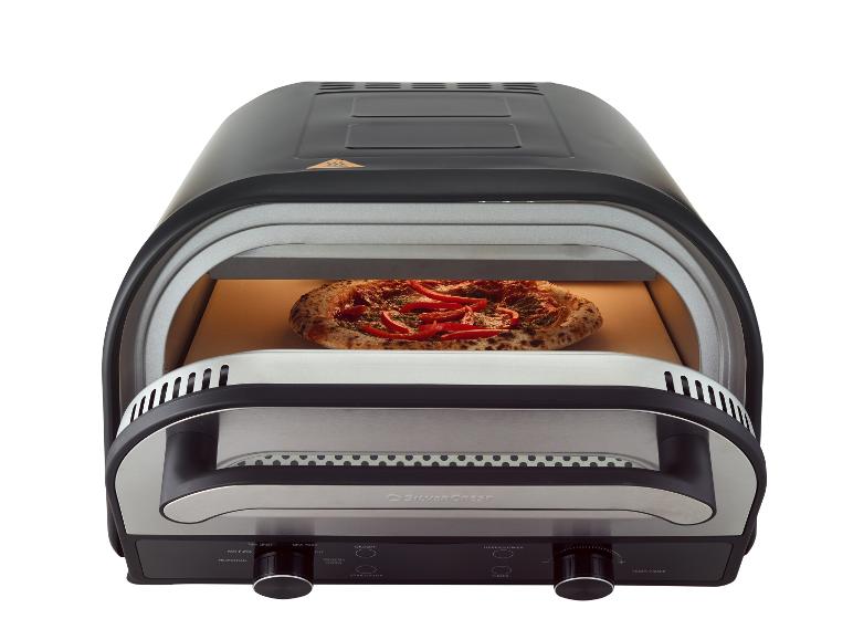 Černá pec na pizzu s pizzou uvnitř, ovládacími prvky pro různé typy kůrky a nastavení teploty.