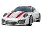 Bílý sportovní vůz Porsche s červenými pruhy, ve formě puzzle.