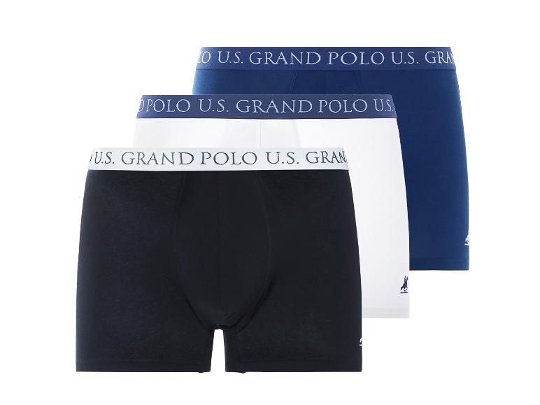 Tři boxerky U.S. Grand Polo: černé, bílé, tmavě modré.