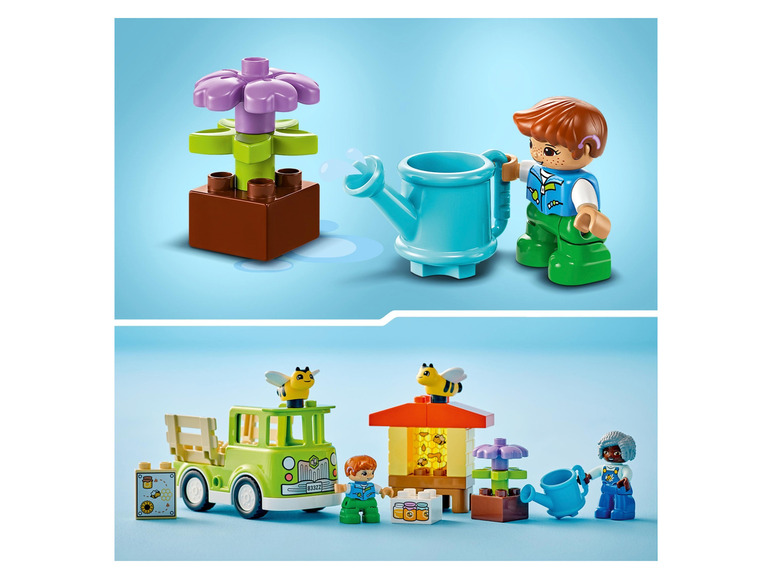 LEGO DUPLO hračky se zeleným nákladním autem, včelím úlem a figurkami.