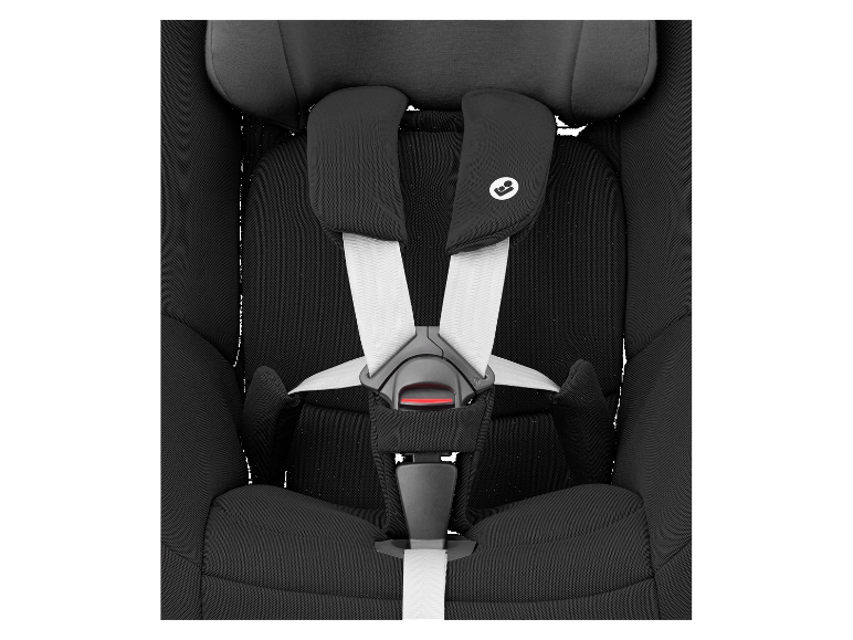 Černá autosedačka Maxi-Cosi s bílými pásy.
