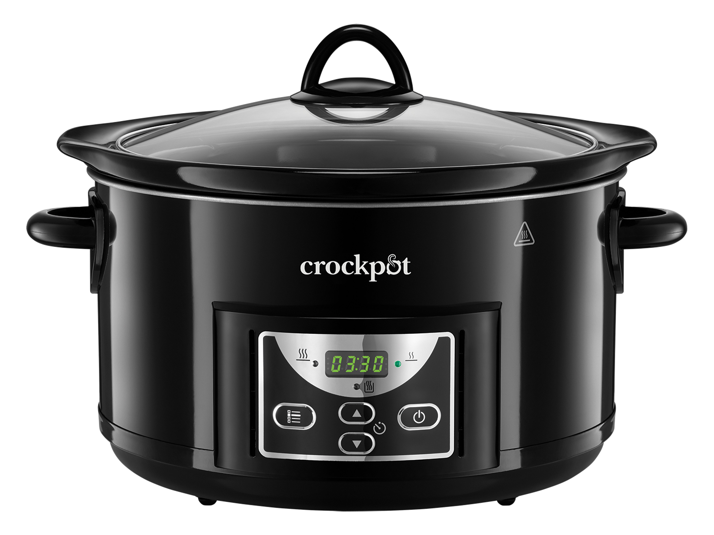Černý pomalý hrnec Crock-Pot se skleněným víkem.