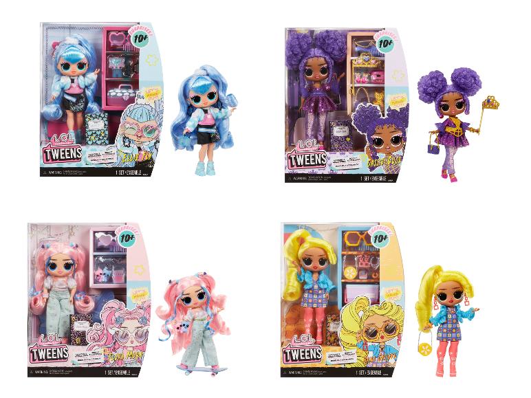 Čtyři panenky LOL Surprise! Tweens s doplňky, včetně Ellie Fly, Cassie Cool, Flora Moon a Lana Groove.