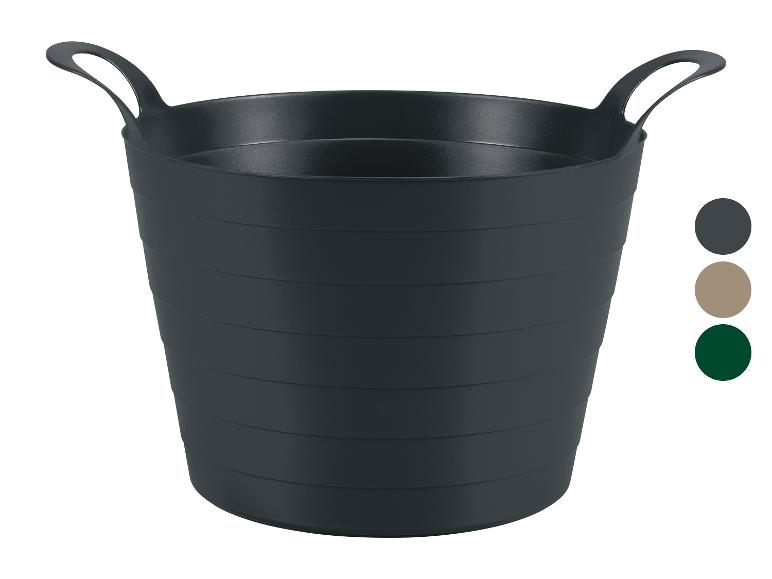 Tmavě šedý flexibilní kbelík s uchy, se vzorky šedé, béžové a zelené barvy.