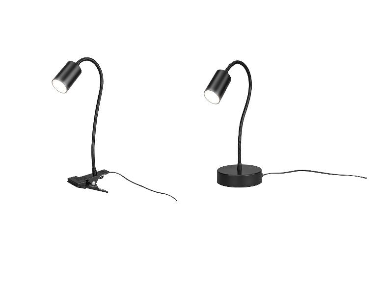 Dvě černé LED lampy s flexibilním ramenem, jedna s klipem, druhá s kulatou základnou.