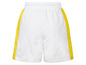 Bílé šortky se žlutými pruhy.