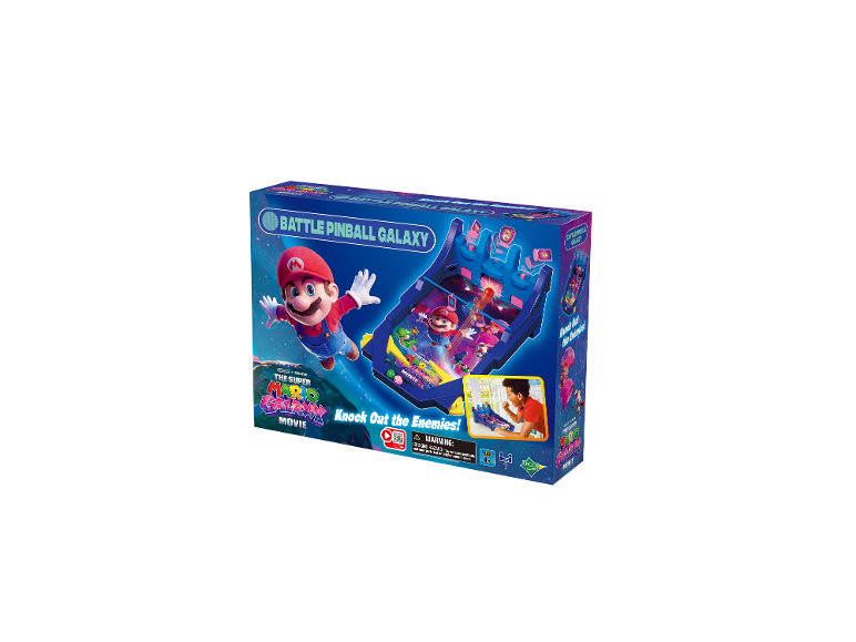 Pinballová hra Super Mario Galaxy s Mariem na krabici, s upozorněním na malé části.