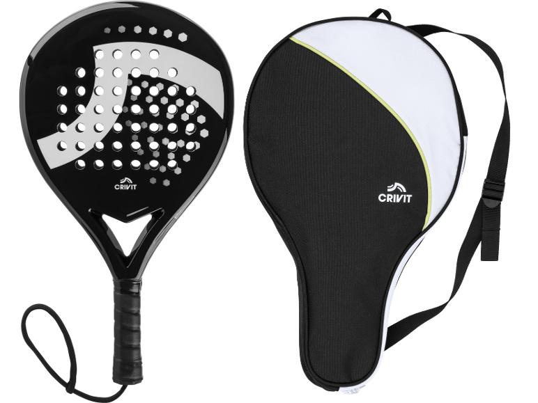 Černobílá padel raketka Crivit s pouzdrem.