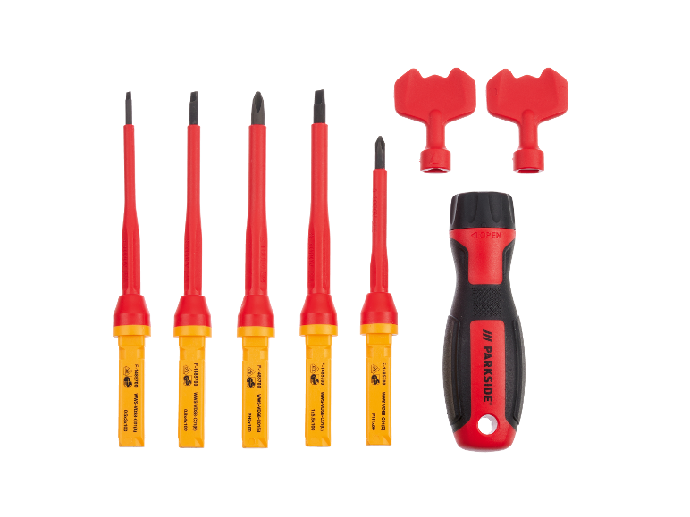 Izolovaná sada šroubováků Parksides s různými velikostmi a typy hlav šroubů.