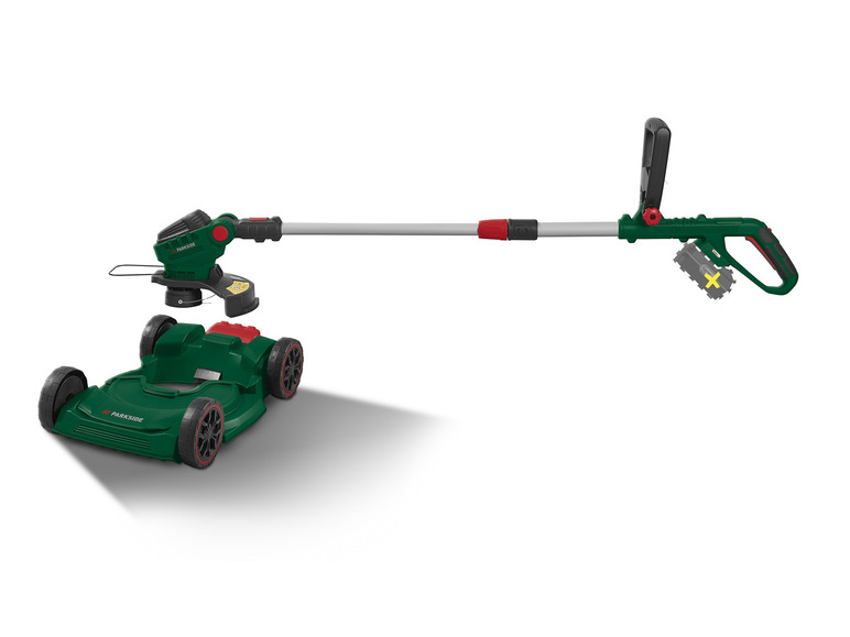Elektrická sekačka a křovinořez Parkside s baterií.