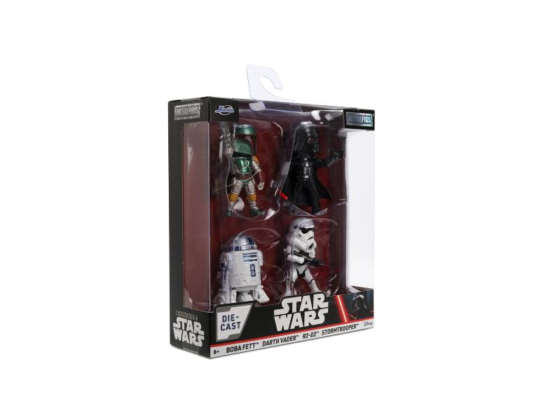 Sada kovových figurek Star Wars s Boba Fettem, Darth Vaderem, R2-D2 a Stormtrooperem.