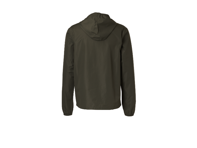 Olivově zelená bunda s kapucí, zadní pohled.