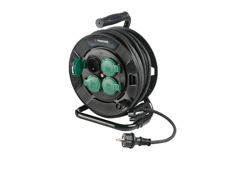 Černý kabelový buben se čtyřmi zelenými zásuvkami Parkside.