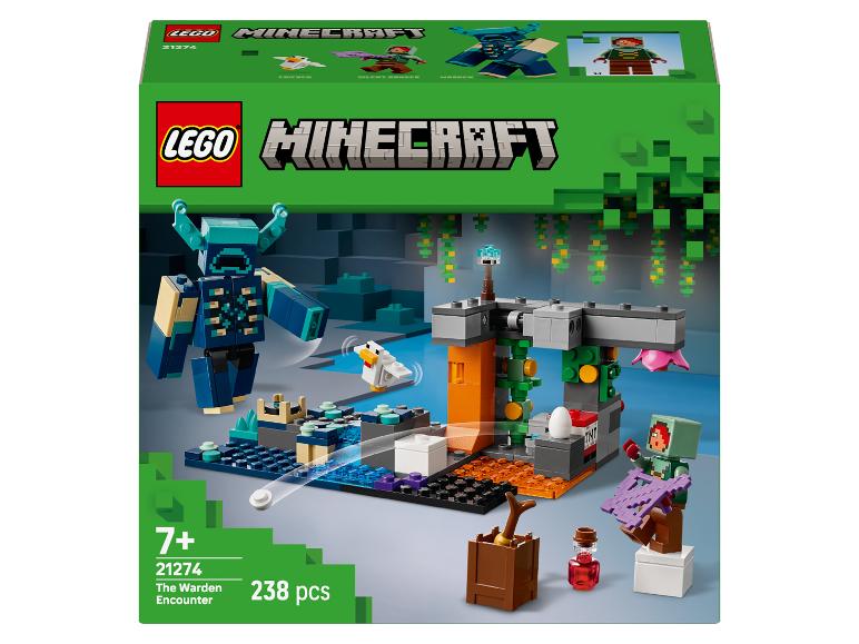 LEGO Minecraft set The Warden Encounter s 238 dílky, s figurkami a herní scénou.